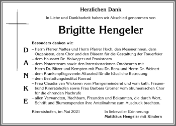 Traueranzeige von Brigitte Hengeler von Allgäuer Zeitung,Kempten