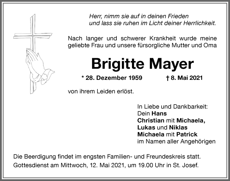  Traueranzeige für Brigitte Mayer vom 11.05.2021 aus Memminger Zeitung