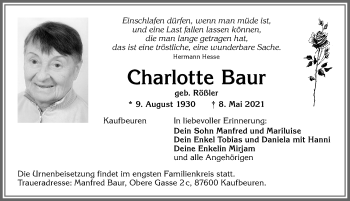 Traueranzeige von Charlotte Baur von Allgäuer Zeitung, Kaufbeuren/Buchloe