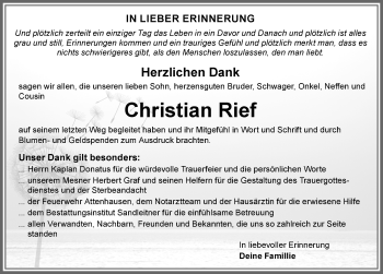 Traueranzeige von Christian Rief von Memminger Zeitung