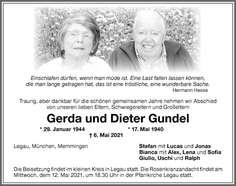  Traueranzeige für Dieter Gundel vom 11.05.2021 aus Memminger Zeitung
