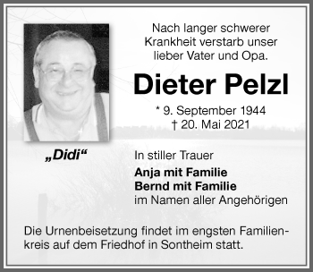 Traueranzeige von Dieter Pelzl von Memminger Zeitung