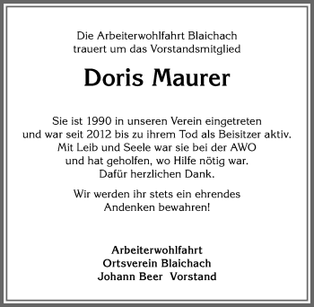 Traueranzeige von Doris Maurer von Allgäuer Anzeigeblatt
