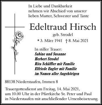 Traueranzeige von Edeltraud Hirsch von Der Westallgäuer