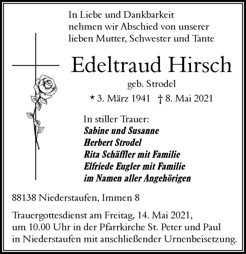  Traueranzeige für Edeltraud Hirsch vom 12.05.2021 aus Der Westallgäuer