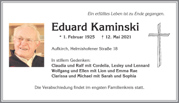 Traueranzeige von Eduard Kaminski von Allgäuer Zeitung, Kaufbeuren/Buchloe