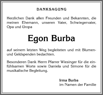 Traueranzeige von Egon Burba von Allgäuer Anzeigeblatt