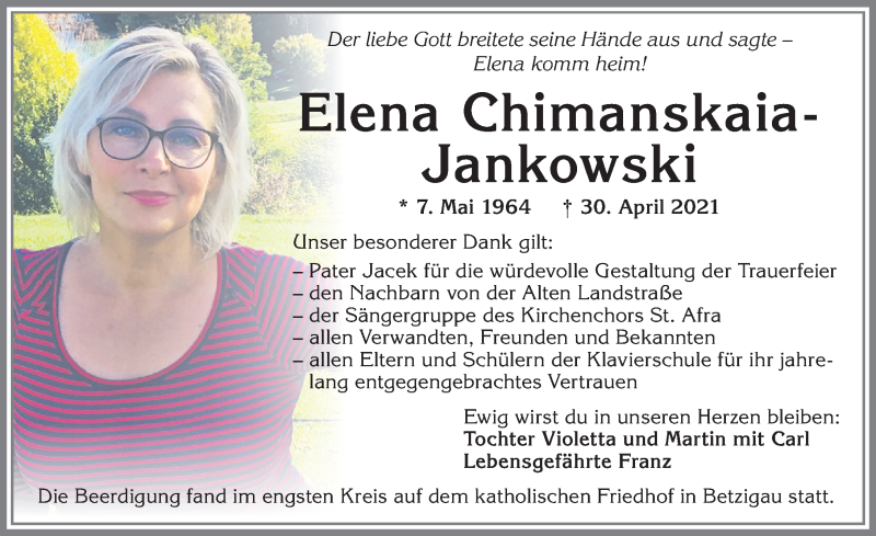  Traueranzeige für Elena Chimanskaia-Jankowski vom 15.05.2021 aus Allgäuer Zeitung,Kempten