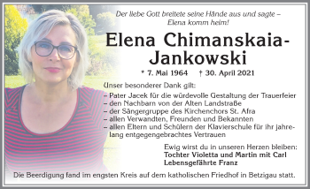 Traueranzeige von Elena Chimanskaia-Jankowski von Allgäuer Zeitung,Kempten