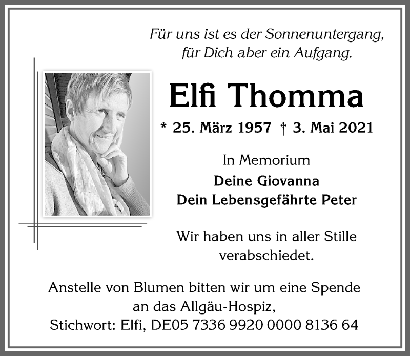  Traueranzeige für Elfi Thomma vom 11.05.2021 aus Allgäuer Zeitung,Kempten