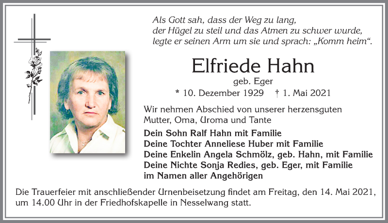 Traueranzeigen von Elfriede Hahn