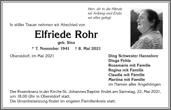 Traueranzeige von Elfriede Rohr von Allgäuer Anzeigeblatt