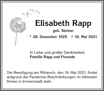 Traueranzeige von Elisabeth Rapp von Allgäuer Anzeigeblatt