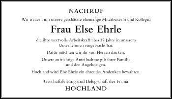 Traueranzeige von Else Ehrle von Der Westallgäuer