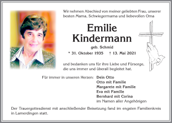 Traueranzeige von Emilie Kindermann von Allgäuer Zeitung, Kaufbeuren/Buchloe