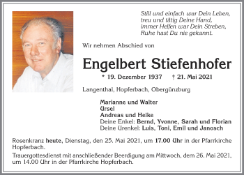 Traueranzeige von Engelbert Stiefenhofer von Allgäuer Zeitung, Marktoberdorf