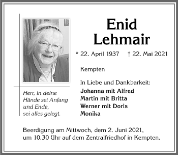 Traueranzeige von Enid Lehmair von Allgäuer Zeitung,Kempten