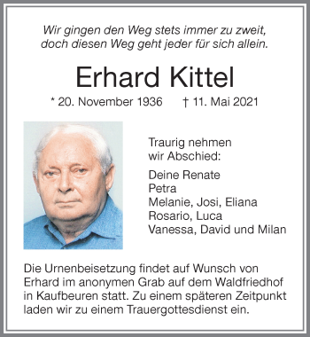 Traueranzeige von Erhard Kittel von Allgäuer Zeitung, Kaufbeuren/Buchloe