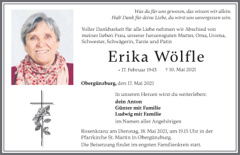 Traueranzeige von Erika Wölfle von Allgäuer Zeitung, Marktoberdorf