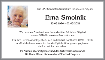 Traueranzeige von Erna Smolnik von Allgäuer Anzeigeblatt