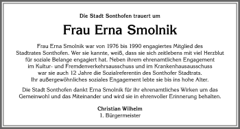 Traueranzeige von Erna Smolnik von Allgäuer Anzeigeblatt