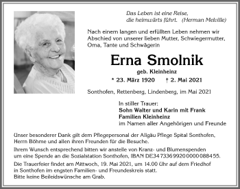 Traueranzeige von Erna Smolnik von Allgäuer Anzeigeblatt