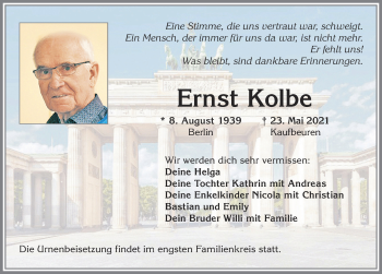 Traueranzeige von Ernst Kolbe von Allgäuer Zeitung, Kaufbeuren/Buchloe