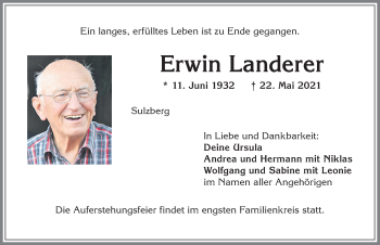 Traueranzeige von Erwin Landerer von Allgäuer Zeitung,Kempten