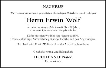Traueranzeige von Erwin Wolf von Der Westallgäuer