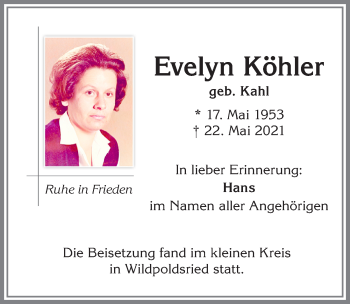 Traueranzeige von Evelyn Köhler von Allgäuer Zeitung,Kempten