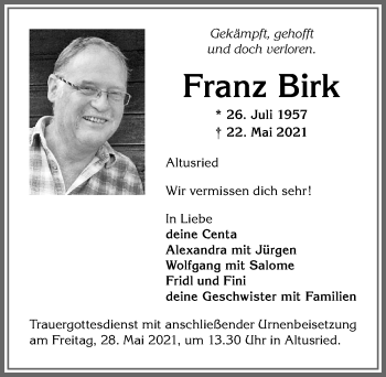 Traueranzeige von Franz Birk von Allgäuer Zeitung,Kempten