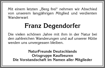 Traueranzeige von Franz Degendorfer von Allgäuer Zeitung, Kaufbeuren/Buchloe