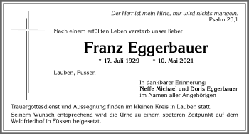 Traueranzeige von Franz Eggerbauer von Allgäuer Zeitung,Kempten