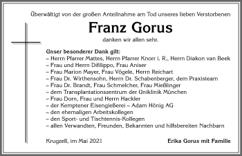 Traueranzeige von Franz Gorus von Allgäuer Zeitung,Kempten