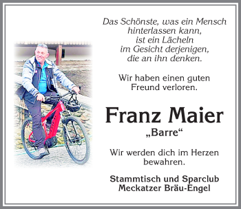 Traueranzeige von Franz Maier von Allgäuer Zeitung,Kempten