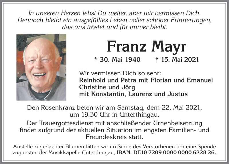  Traueranzeige für Franz Mayr vom 20.05.2021 aus Allgäuer Zeitung, Marktoberdorf