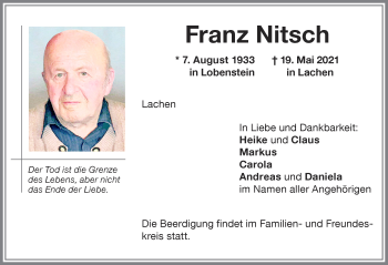 Traueranzeige von Franz Nitsch von Memminger Zeitung