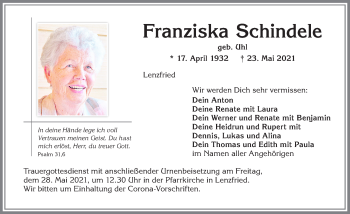 Traueranzeige von Franziska Schindele von Allgäuer Zeitung,Kempten