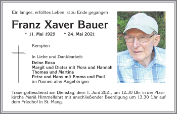 Traueranzeige von Franz Xaver Bauer von Allgäuer Zeitung,Kempten