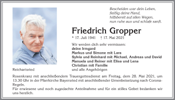 Traueranzeige von Friedrich Gropper von Allgäuer Zeitung, Marktoberdorf