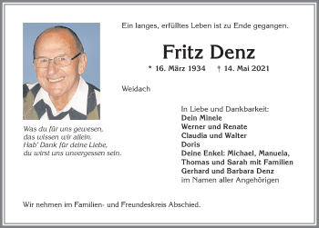 Traueranzeige von Fritz Denz von Allgäuer Zeitung,Kempten