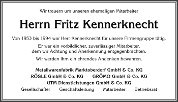 Traueranzeige von Fritz Kennerknecht von Allgäuer Zeitung, Marktoberdorf