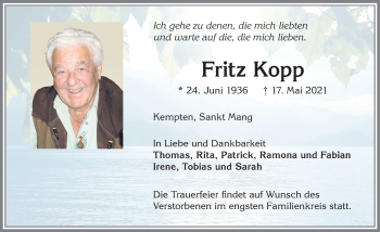 Traueranzeige von Fritz Kopp von Allgäuer Zeitung,Kempten