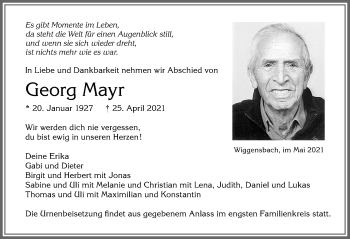 Traueranzeige von Georg Mayr von Allgäuer Zeitung,Kempten