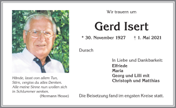 Traueranzeige von Gerd Isert von Allgäuer Zeitung,Kempten