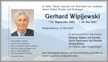 Traueranzeige von Gerhard Wipijewski von Allgäuer Zeitung,Kempten