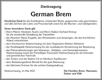 Traueranzeige von German Brem von Allgäuer Zeitung, Kaufbeuren/Buchloe