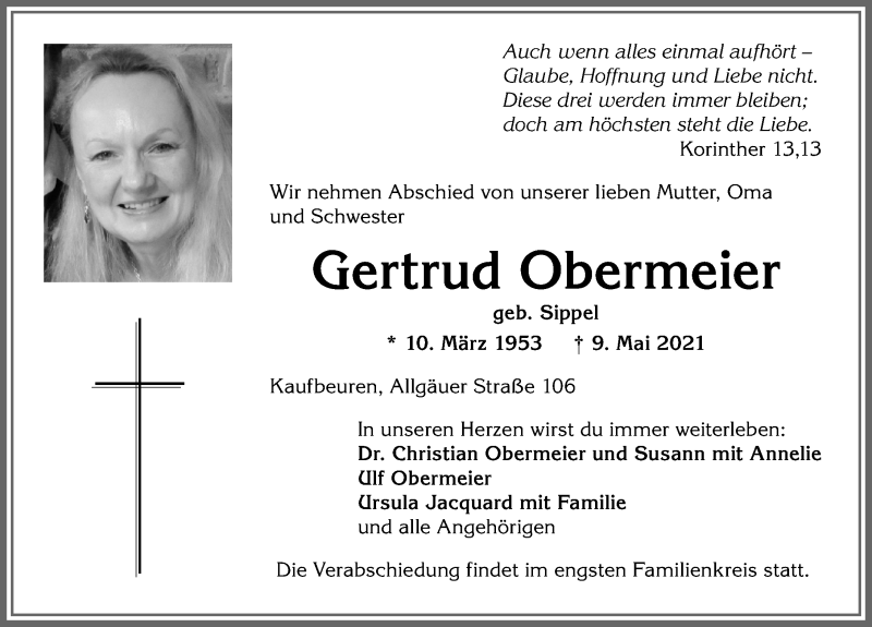  Traueranzeige für Gertrud Obermeier vom 15.05.2021 aus Allgäuer Zeitung, Kaufbeuren/Buchloe