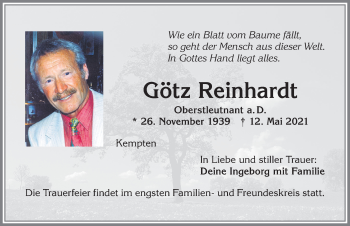 Traueranzeige von Götz Reinhardt von Allgäuer Zeitung,Kempten