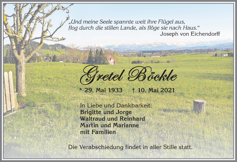  Traueranzeige für Gretel Böckle vom 15.05.2021 aus Allgäuer Zeitung,Kempten